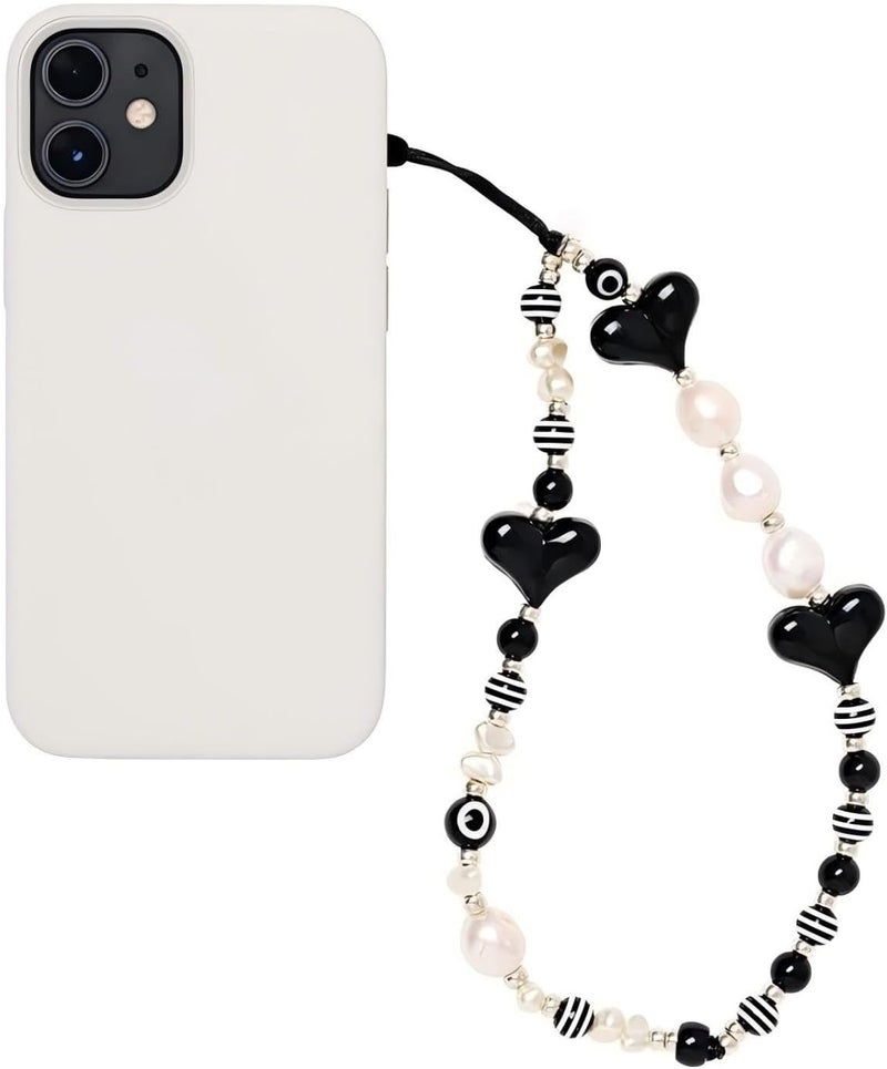 WCCH Beaded Phone Charm Y2K Kawaii Handmade Acrylic Phone Lanyard Wrist Strap for Camera Bag Airpods Keychain Charm Black Heart with White Pearls - Image 1